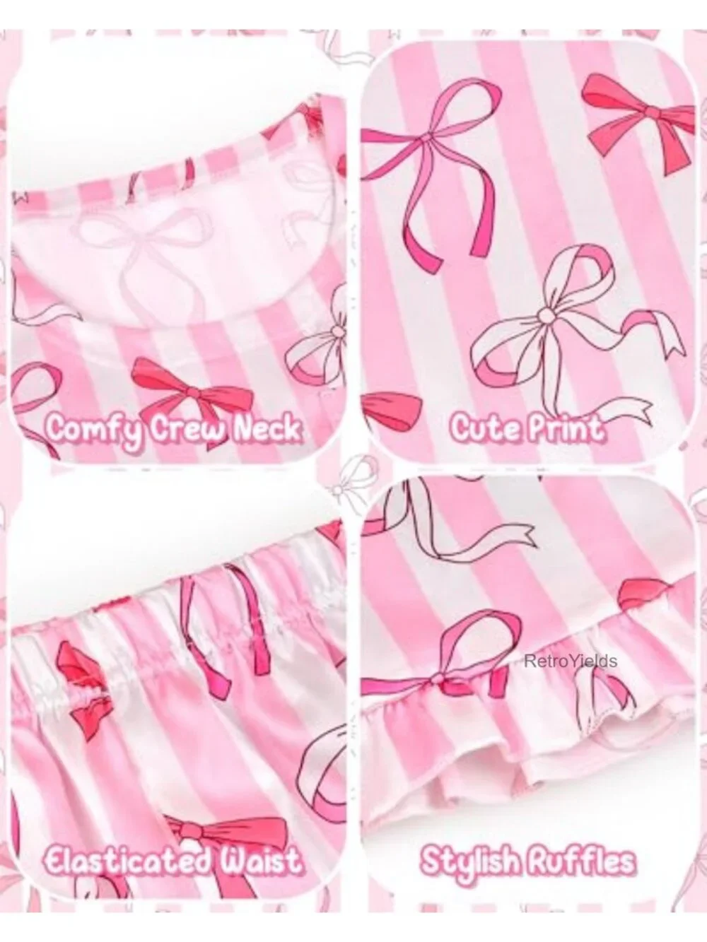 Girls 3 Piece Pajama Set Satin Ruffle Sleepwear Short Sleeve Kids Nightwear